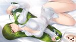  1girl bare_legs barefoot bed_sheet breasts c.c. cait_aron code_geass commentary dress_shirt eating food green_hair hair_spread_out highres large_breasts long_hair long_sleeves looking_at_viewer lying naked_shirt on_side partially_unbuttoned pizza pizza_box pizza_slice shirt solo white_shirt yellow_eyes 