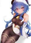  :3 arm_support bad_id bad_twitter_id bangs bare_shoulders bell black_legwear blue_hair blush bodystocking bodysuit breasts collarbone detached_sleeves eyebrows_visible_through_hair ganyu_(genshin_impact) genshin_impact gold_trim horns leotard leotard_under_clothes long_hair looking_at_viewer medium_breasts meow_nyang neck_bell sidelocks sitting solo thigh_gap thighlet violet_eyes white_background white_sleeves 