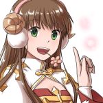  1girl arch_bishop_(ragnarok_online) bangs brown_hair brown_horns cleavage_cutout clothing_cutout commentary_request cross dress earmuffs eyebrows_visible_through_hair fake_horns flower flower_in_mouth green_eyes horns juliet_sleeves long_hair long_sleeves looking_at_viewer natsuya_(kuttuki) open_mouth pink_flower pointing pointing_up puffy_sleeves ragnarok_online sheep_horns smile solo two-tone_dress upper_body white_background white_dress 
