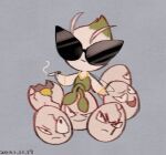  bracelet celebi cigarette closed_mouth commentary_request crossed_legs dated exeggcute grey_background holding holding_cigarette jewelry leels necklace no_humans pokemon pokemon_(creature) sitting smoking sunglasses 