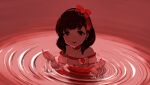  1girl bare_shoulders black_hair bow choker dress hair_bow heart highres idolmaster idolmaster_cinderella_girls idolmaster_cinderella_girls_starlight_stage looking_at_viewer negy open_mouth red_background red_bow red_theme ripples sakuma_mayu solo upper_body wading water wet 