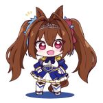  1girl :d animal_ears bangs black_legwear blue_bow blue_jacket blush boots bow breasts brown_hair center_frills chibi colored_shadow commentary_request daiwa_scarlet_(umamusume) epaulettes eyebrows_visible_through_hair fang frills full_body garter_straps hair_between_eyes hair_intakes hitomiz horse_ears horse_girl horse_tail jacket juliet_sleeves long_hair long_sleeves looking_at_viewer medium_breasts notice_lines puffy_sleeves red_eyes shadow shirt skirt smile solo standing tail tiara twintails umamusume v-shaped_eyebrows very_long_hair white_background white_footwear white_legwear white_shirt white_skirt 