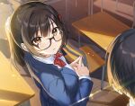  &quot;rouhou&quot;_ore_no_iinazuke_ni_natta_jimiko_ie_dewa_kawaii_shikanai. 1boy 1girl bangs black-framed_eyewear black_hair blazer blue_jacket blush bow bowtie breasts brown_eyes chair classroom closed_mouth desk eyebrows_visible_through_hair from_above glasses hair_ornament hair_scrunchie index_fingers_together indoors jacket long_hair long_sleeves medium_breasts novel_illustration official_art ponytail red_bow red_bowtie school_chair school_desk school_uniform scrunchie semi-rimless_eyewear sidelocks tan_(tangent) tile_floor tiles under-rim_eyewear watanae_yuuka wooden_floor 