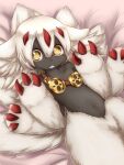  1girl :&lt; animal_ears bangs bare_shoulders bed_sheet black_skin body_fur claws collarbone colored_skin commentary_request extra_arms faputa flat_chest from_above furry furry_female gold hair_between_eyes hands_up highres horokusa_(korai) looking_at_viewer lying made_in_abyss multiple_tails navel on_back parted_lips partial_commentary pink_background shiny shiny_hair sidelocks solo stomach tail teeth white_fur white_hair wide-eyed yellow_eyes 