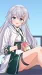  1girl :d absurdres asymmetrical_gloves bangs black_gloves blue_eyes blue_sky choker coat cup earrings gloves green_choker green_necktie green_skirt hair_between_eyes hair_ornament hairpin highres holding holding_cup honkai_(series) honkai_impact_3rd jewelry long_hair long_sleeves looking_at_viewer looking_back mismatched_gloves mug necktie open_mouth sakura_teaegg skirt sky smile solo theresa_apocalypse theresa_apocalypse_(twilight_paladin) white_coat white_gloves white_hair 