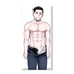  1boy abs areolae black_eyes black_hair blue_pants buttons dakimakura_(medium) empty_eyes expressionless facial_hair feet_out_of_frame golden_kamuy hair_slicked_back hair_strand loincloth male_focus male_underwear male_underwear_peek mature_male multiple_sources navel noda_satoru official_art ogata_hyakunosuke open_fly open_pants pants pectorals scar scar_on_cheek scar_on_face short_hair sideburns solo stomach stubble third-party_source toned toned_male topless_male undercut underwear white_male_underwear 