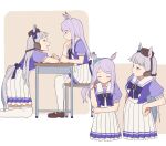  2girls animal_ears aqua_ribbon blue_ribbon chair closed_eyes coldcat. commentary_request ear_ribbon gold_ship_(umamusume) grey_hair hand_on_hip highres horse_ears horse_girl horse_tail kneeling long_hair looking_at_another mejiro_mcqueen_(umamusume) multiple_girls on_chair open_mouth pleated_skirt purple_hair ribbon school_uniform short_sleeves sitting skirt table tail thigh-highs tracen_school_uniform umamusume white_legwear white_skirt 