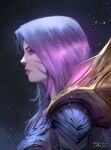  1girl commentary english_commentary facial_mark forehead_mark from_side highres kai&#039;sa league_of_legends light_particles light_smile lips long_hair looking_away portrait profile purple_hair razaras realistic shiny shiny_hair signature solo violet_eyes 