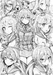  6+girls absurdres akebono_(kancolle) amagiri_(kancolle) animal bandaid bandaid_on_face bangs breasts commentary_request crab crab_on_head flower glasses gotland_(kancolle) greyscale hair_between_eyes hair_bobbles hair_flower hair_ornament hairband highres kantai_collection long_hair military military_uniform mole mole_under_eye monochrome multiple_girls necktie oboro_(kancolle) one_eye_closed open_mouth pen_(medium) ponytail rabbit sagiri_(kancolle) sailor_collar sazanami_(kancolle) school_uniform serafuku sheep short_hair side_ponytail skirt smile thigh-highs traditional_media tsuji_kazuho twintails uniform ushio_(kancolle) 