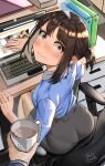  1boy 1girl artist_name ass binder blue_shirt blush brown_hair chair closed_mouth coffee coffee_mug computer cup desk douki-chan_(douki-chan) embarrassed enmanuelart20 eyelashes full_body ganbare_douki-chan grey_eyes high_heels highres laptop lingerie looking_at_viewer looking_back mug office_chair office_lady open_mouth pantyhose pencil_skirt shiny shiny_clothes shiny_hair shirt sitting skirt solo surprised sweat tied_hair underwear wavy_mouth window_(computing) 