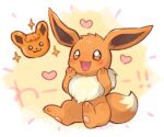  :d blush commentary_request creature eevee emphasis_lines full_body heart no_humans open_mouth orange_eyes pokemon pokemon_(creature) signature sitting smile solo sparkle tansho toes tongue vulpix 