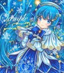  1girl beamed_eighth_notes beret blue_background blue_bow blue_bowtie blue_eyes blue_gloves blue_hair blue_theme bow bowtie brooch capelet closed_mouth dress eighth_note eyebrows_visible_through_hair frilled_sleeves frills fur-trimmed_capelet fur_trim gloves hair_ornament hat hatsune_miku heart jewelry long_hair long_sleeves looking_at_viewer marker_(medium) musical_note musical_note_hair_ornament orange_brooch rui_(sugar3) sample smile snowflakes solo string_of_light_bulbs traditional_media treble_clef very_long_hair vocaloid white_capelet white_dress yuki_miku yuki_miku_(2021) 