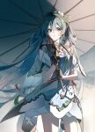  1girl alternate_hairstyle aqua_hair dress gloves hair_ornament hands_up hatsune_miku highres holding holding_umbrella izumi_ju long_hair parted_lips shading short_sleeves solo standing twintails umbrella vocaloid 