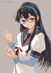  1girl black_hair blue_eyes blue_hairband blue_sailor_collar blue_shirt blush collared_shirt commentary_request glasses grey_background hairband highres kantai_collection long_hair long_sleeves necktie ooyodo_(kancolle) open_mouth red_necktie sailor_collar school_uniform serafuku shirt simple_background smile solo teeth twitter_username upper_body urushizawa_takayuki white_shirt 