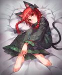 1girl :&gt; animal_ears asrielchu barefoot black_bow bow braid cat_ears cat_tail commentary_request dress feet frilled_dress frilled_sleeves frills green_dress hair_bow highres juliet_sleeves kaenbyou_rin long_hair long_sleeves looking_at_viewer lying multiple_tails nekomata on_bed pillow puffy_sleeves red_eyes redhead smile tail touhou twin_braids 
