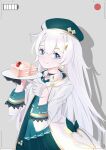  1girl absurdres asymmetrical_gloves bangs beret black_gloves blue_eyes cake cake_slice closed_eyes coat earrings food gloves green_headwear green_skirt grey_background happy_birthday hat highres holding holding_plate honkai_(series) honkai_impact_3rd jewelry long_hair long_sleeves looking_at_viewer mismatched_gloves plate qq434787536 shadow simple_background skirt smile solo theresa_apocalypse theresa_apocalypse_(twilight_paladin) viewfinder white_coat white_gloves 