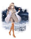  1girl alternate_costume boots breasts brown_eyes coat cup dress drinking_glass full_body hat high_heel_boots high_heels highres holding holding_cup kantai_collection large_breasts light_brown_hair long_sleeves mini_hat open_clothes open_coat orange_footwear pantyhose pola_(kancolle) sideboob solo standing sweater sweater_dress tada thigh-highs thigh_boots tilted_headwear turtleneck turtleneck_sweater wavy_hair white_coat wine_glass 
