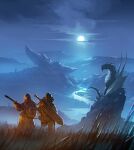  2others absurdres bangs clouds dragon grass highres holding holding_instrument hood hood_up instrument kalmahul long_hair long_sleeves mask missing_limb moon moonlight mouth_mask multiple_others night original outdoors river skirt sword weapon weapon_on_back wings 