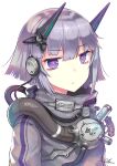  1girl bangs eyebrows_visible_through_hair gia headgear highres looking_at_viewer original purple_hair short_hair solo upper_body violet_eyes white_background 