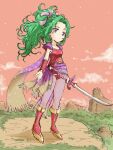  1girl blue_eyes breasts closed_mouth dress earrings final_fantasy final_fantasy_vi green_hair jewelry kajino_(aosansai) long_hair pantyhose ponytail ribbon skirt solo sword tina_branford weapon 