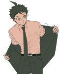  1boy ahoge bangs belt black_belt bong_(0u0bon) breast_pocket brown_eyes collared_shirt cowboy_shot danganronpa_(series) danganronpa_2:_goodbye_despair green_jacket green_pants grey_background highres hinata_hajime jacket necktie notice_lines pants pocket shirt shirt_tucked_in short_hair simple_background solo 