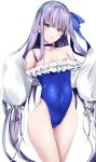  1girl bangs bare_shoulders blue_eyes blue_ribbon blush breasts choker collarbone fate/grand_order fate_(series) frills hair_ribbon highleg highleg_swimsuit long_hair long_sleeves looking_at_viewer meltryllis_(fate) meltryllis_(swimsuit_lancer)_(fate) off-shoulder_one-piece_swimsuit off_shoulder one-piece_swimsuit parted_lips puffy_sleeves purple_hair ribbon shirosuzu sleeves_past_fingers sleeves_past_wrists small_breasts smile solo swimsuit thighs very_long_hair white_ribbon 