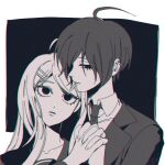  1boy 1girl ahoge akamatsu_kaede bangs black_background bong_(0u0bon) border collared_shirt danganronpa_(series) danganronpa_v3:_killing_harmony hair_ornament hair_over_one_eye hairclip hetero holding_hands jacket long_hair necktie parted_lips saihara_shuuichi shirt short_hair white_border 