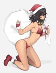  andou_(girls_und_panzer) bell bikini black_hair boots brown_eyes commentary_request dark-skinned_female dark_skin fingerless_gloves full_body fur-trimmed_boots fur-trimmed_gloves fur-trimmed_headwear fur_trim girls_und_panzer gloves hat kneeling long_hair messy_hair red_bikini red_footwear red_gloves red_headwear sack santa_hat swimsuit tan_(inka) 