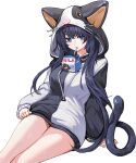  1girl animal_hood arknights arm_support black_hair blaze_(arknights) blue_eyes blush bottle breasts cat_girl cat_hood cat_tail chaji_h commentary_request drawstring drinking eyebrows_behind_hair feet_out_of_frame hairband hood hood_up large_breasts leaning_back long_hair long_sleeves looking_at_viewer milk_bottle no_pants open_mouth red_hairband simple_background sitting solo tail thighs two-tone_hoodie very_long_hair white_background 