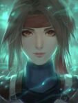  1girl armor brown_hair chaosringen closed_mouth eyelashes final_fantasy final_fantasy_vii final_fantasy_vii_remake glowing headband highres light_particles light_smile looking_at_viewer portrait short_hair smile solo turtleneck yellow_eyes yuffie_kisaragi 