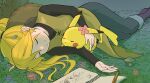  1girl bangs black_shirt blonde_hair boots chinese_commentary closed_eyes closed_mouth commentary_request eyelashes hat hat_removed headwear_removed highres joeychen long_hair long_sleeves lying on_side pants pencil pikachu pokemon pokemon_(creature) pokemon_adventures shirt sketchbook sleeping smile split_mouth yellow_(pokemon) 