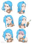  1girl absurdres arcane:_league_of_legends artist_name asymmetrical_bangs bangs bare_shoulders blue_eyes blue_hair braid clenched_teeth collarbone cropped_shoulders crying evil_grin evil_smile grin highres jinx_(league_of_legends) league_of_legends long_hair looking_at_viewer portrait pout shaded_face simple_background smile streaming_tears tears teeth twin_braids white_background yanchen 