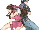  1boy 1girl asaello_(fire_emblem) black_hair brown_hair daisy_(fire_emblem) fire_emblem fire_emblem:_genealogy_of_the_holy_war hair_ornament long_hair siblings simple_background spiky_hair ud01f weapon 