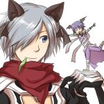  &gt;_&lt; 2boys :d animal_ears armor assassin_(ragnarok_online) assassin_cross_(ragnarok_online) bandages bat_wings black_gloves black_shirt black_wings blue_eyes brown_footwear cape cat_ears closed_mouth commentary_request fingerless_gloves full_body gloves grey_hair hair_over_one_eye head_wings leaf male_focus mouth_hold multiple_boys natsuya_(kuttuki) open_clothes open_mouth open_shirt pants pauldrons purple_cape purple_hair purple_pants purple_shirt ragnarok_online red_scarf running scarf shirt shoes short_hair shoulder_armor simple_background sleeveless sleeveless_shirt smile stalk_in_mouth torn_cape torn_clothes upper_body vambraces waist_cape white_background wings 