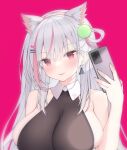  1girl absurdres animal_ears arm_up bangs bare_shoulders blush breasts cat_ears cellphone character_request commentary_request earrings eyebrows_visible_through_hair grey_hair hair_ornament hairclip highres holding holding_phone huge_breasts jewelry jyt long_hair looking_at_viewer multicolored_hair open_mouth phone red_background red_eyes redhead sideboob simple_background smartphone solo streaked_hair two-tone_hair upper_body virtual_youtuber 