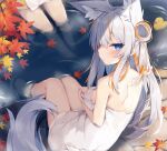  2girls animal_ears autumn_leaves bangs bare_arms bare_shoulders blue_eyes blush breasts commentary_request eyebrows_visible_through_hair grey_hair hair_over_one_eye hand_up heterochromia highres leaf long_hair maple_leaf medium_breasts multicolored_hair multiple_girls naked_towel nibiiro_shizuka onsen orange_hair original red_eyes rubber_duck sitting soaking_feet solo_focus standing streaked_hair tail thick_eyebrows towel very_long_hair water 