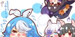  &gt;_&lt; 4girls :d absurdres animal_ear_fluff animal_ears azur_lane bangs black_hair black_headwear blue_eyes blue_hair blush bow character_request chibi closed_eyes empty_eyes eyebrows_behind_hair eyebrows_visible_through_hair grey_ribbon hair_over_one_eye hair_ribbon hat hat_bow highres kasumi_(azur_lane) kurukurumagical maille-breze_(azur_lane) multicolored_hair multiple_girls orange_bow rabbit_ears red_eyes ribbon short_eyebrows silver_hair smile star_(symbol) star_print striped striped_bow tears thick_eyebrows translation_request trembling two-tone_hair wavy_mouth witch_hat 