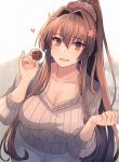  1girl blush brown_eyes brown_hair brown_sweater cookie cowboy_shot eyebrows_visible_through_hair flower food hair_between_eyes hair_flower hair_ornament heart highres holding holding_food kantai_collection kasumi_(skchkko) long_hair long_sleeves open_mouth pants pink_flower ponytail ribbed_sweater smile solo sweater white_pants yamato_(kancolle) 