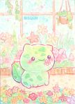  artist_name bisquii blush bulbasaur closed_mouth floral_background flower flower_in_mouth lowres nintendo no_humans orange_flower painting_(medium) plant pokemon pokemon_(creature) potted_plant red_flower sitting smile traditional_media watercolor_(medium) window yellow_flower 