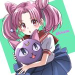  1girl :3 :o absurdres bangs bishoujo_senshi_sailor_moon blue_skirt character_name chibi_usa child crescent_moon double_bun forehead highres holding looking_at_viewer medium_hair moon open_mouth parted_bangs pink_hair puffy_short_sleeves puffy_sleeves red_eyes sailor_chibi_moon school_uniform short_sleeves skirt solo two-tone_background upper_body user_rskj8724 