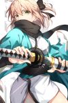  1girl bangs black_bow black_scarf blonde_hair bow commentary_request covered_mouth fate/grand_order fate_(series) fingernails green_eyes hair_bow half_updo haori herigaru_(fvgyvr000) highres holding holding_sword holding_weapon japanese_clothes katana kimono koha-ace looking_at_viewer obi okita_souji_(fate) okita_souji_(koha/ace) open_clothes ponytail sash scarf sheath sheathed shinsengumi short_hair short_kimono solo sword thighs weapon white_kimono 