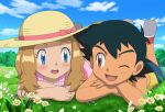  1boy 1girl ;d ash_ketchum bangs black_hair blue_eyes blue_shorts blush bow brown_eyes clouds commentary_request daisy day dress eye_contact eyelashes flower grass hat hat_bow hetero highres jitan_(jjvm4477) looking_at_another lying official_style on_stomach one_eye_closed open_mouth outdoors pink_dress pokemon pokemon_(anime) pokemon_xy_(anime) red_footwear serena_(pokemon) shirt shoes short_hair shorts sidelocks sky smile tongue white_flower yellow_headwear yellow_shirt younger 