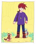  1boy bangs bird blue_pants boots brown_bag brown_footwear brown_hair bush commentary_request gary_oak grass holding itome_(funori1) jewelry long_sleeves looking_down male_focus necklace open_mouth outdoors pants pidgey pokemon pokemon_(anime) pokemon_(classic_anime) pokemon_(creature) purple_shirt shirt short_hair spiky_hair squirtle standing sweatdrop tree 