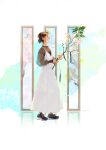  1girl absurdres black_footwear branch brown_hair cherry_blossoms dress flower full_body highres holding holding_branch itou_shizu original plant see-through shoes signature sneakers solo standing white_dress window 