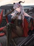  1girl absurdres aegir_(azur_lane) artillery ass asymmetrical_footwear azur_lane bare_shoulders black_cape bodystocking boots breast_curtains breasts brown_gloves cape cross cross-laced_clothes cross_earrings demon_horns earrings elbow_gloves feet_out_of_frame gloves hair_between_eyes hair_on_horn hand_in_hair highres horns impossible_clothes iron_cross jewelry knee_boots large_breasts long_hair looking_at_viewer multicolored_hair redhead rigging sidraxiii single_knee_boot sitting skin_tight solo streaked_hair turret underbust uneven_footwear white_hair yellow_eyes 