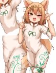  1girl :3 :d absurdres animal_ears arms_up bangs blonde_hair blush breasts dress eyebrows_visible_through_hair eyelashes fluffy fox_ears fox_girl fox_shadow_puppet fox_tail green_ribbon highres kudamaki_tsukasa looking_at_viewer multiple_views nasunasuurin open_mouth ribbon romper short_sleeves simple_background small_breasts smile standing tail tongue touhou translation_request uneven_eyes upper_body vine_print white_background white_dress wide_sleeves yellow_eyes 