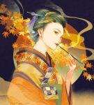  1girl autumn_leaves black_eyes black_hair hair_ornament hair_stick hairclip highres itou_shizu japanese_clothes kimono leaf leaf_print looking_at_viewer maple_leaf nihongami open_mouth original outdoors signature smoke smoking solo upper_body 