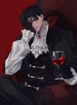  1boy ascot black_gloves brooch chair cup drinking_glass gloves hand_up heterochromia highres jewelry long_sleeves looking_at_viewer male_focus original red_background red_eyes sitting solo tenten_raisaka white_neckwear wine_glass 