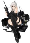  1girl artist_name assault_rifle bangs bare_shoulders black_footwear black_jacket black_shirt boots breasts brown_eyes explosive expressionless eyebrows_visible_through_hair full_body girls_frontline grenade grenade_launcher gun hair_between_eyes hair_ornament hairclip heterochromia highres holding holding_gun holding_weapon jacket jacket_removed jewelry long_hair looking_at_viewer m16 m203 mechanical_arms mechanical_legs medallion necklace off-shoulder_shirt off_shoulder on_floor open_mouth original ponytail red_eyes rifle scar scar_across_eye shirt silver_hair single_mechanical_arm single_mechanical_leg solo sutekina_awa thighs underbarrel_grenade_launcher weapon weapon_case white_background 