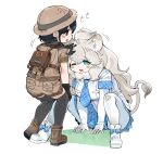  2girls :3 animal_ears backpack bag big_hair black_gloves black_hair black_legwear blue_bow blue_eyes blue_necktie blue_skirt blush boots bow brown_eyes brown_footwear captain_(kemono_friends) collared_shirt commentary_request elbow_gloves eyebrows_visible_through_hair fang footwear_bow gloves hand_on_another&#039;s_head helmet highres japari_symbol kemono_friends kemono_friends_3 khakis lion_ears lion_girl lion_tail long_hair multiple_girls necktie one_eye_closed open_mouth pantyhose pith_helmet plaid plaid_necktie plaid_skirt plaid_trim pleated_skirt shirt short_hair short_sleeves skirt spawnfoxy squatting tail thigh-highs uniform white_footwear white_gloves white_hair white_legwear white_lion_(kemono_friends) white_shirt zettai_ryouiki 